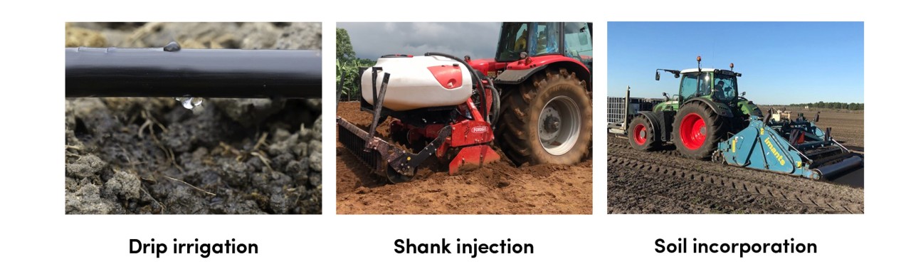 Application methods: drip irrigation, shank injection and soil incorporation
